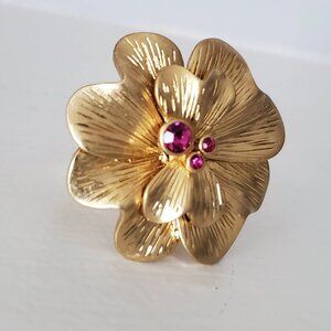 Lia Sophia Statement Goldtone Flower and Pink Crystal Ring